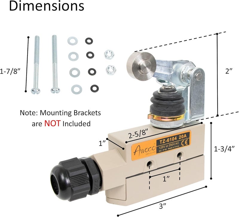 Awoco Heavy Duty Commercial Door Micro Switch with Roller Plunger for Air Curtains, 250V 20A IP 65 Limit Switch Type NO and Type NC (TZ-6104-20A) - Image 3